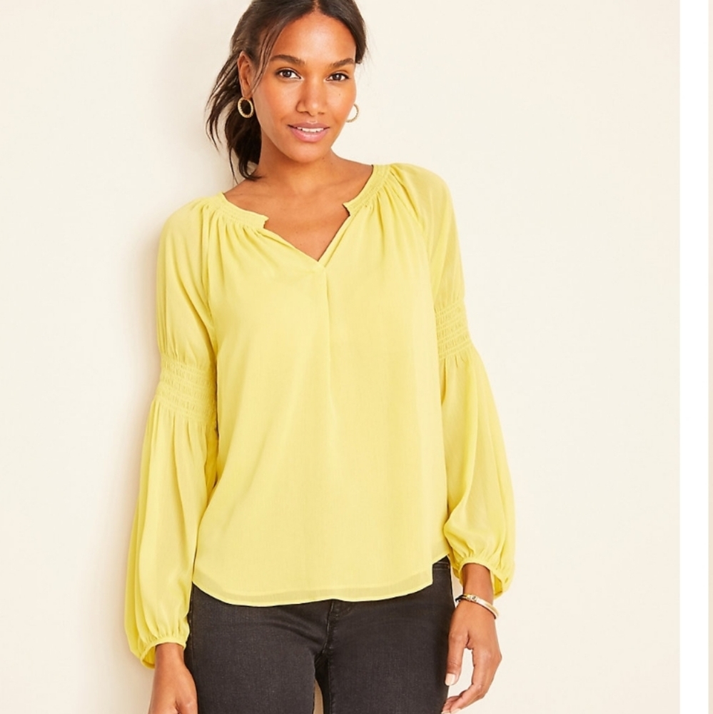 Ann Taylor Split Neck Smocked Sleeve Blouse